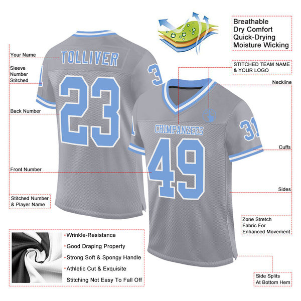 Custom Gray Light Blue-White Mesh Authentic Throwback Football Jersey alternate