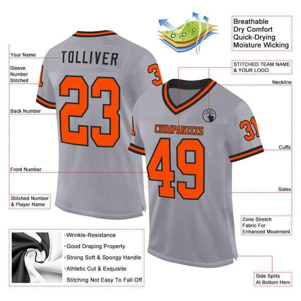 Custom Gray Orange-Black Mesh Authentic Throwback Football Jersey alternate