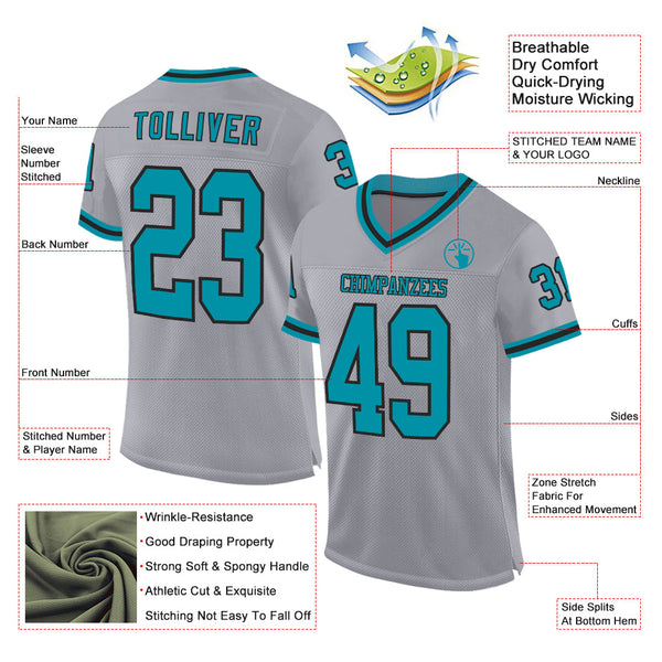 Custom Gray Teal-Black Mesh Authentic Throwback Football Jersey alternate
