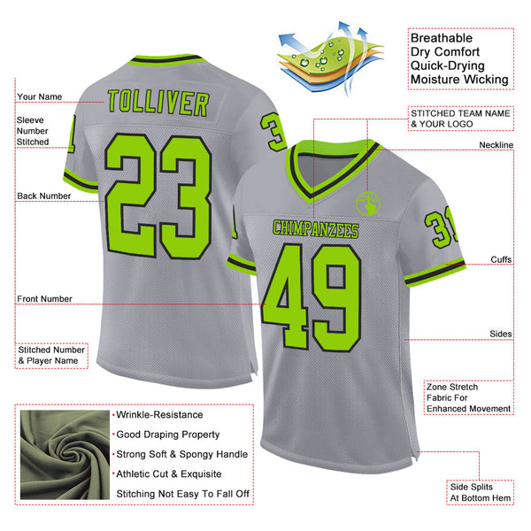 Custom Gray Neon Green-Black Mesh Authentic Throwback Football Jersey alternate