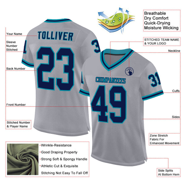 Custom Gray Navy-Teal Mesh Authentic Throwback Football Jersey alternate