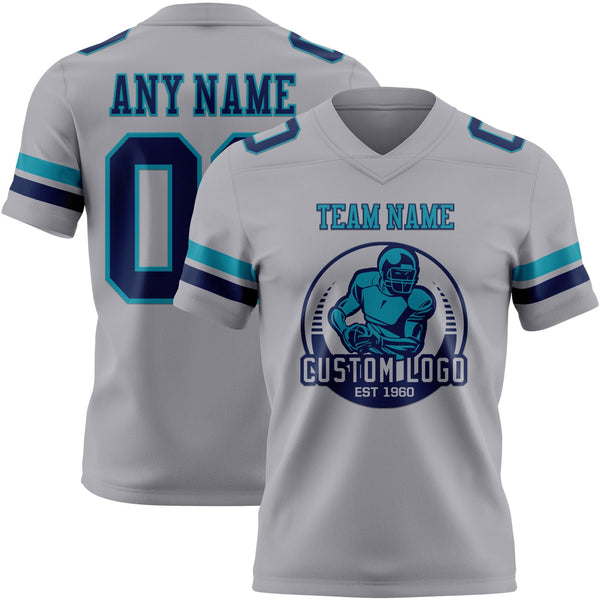 Custom Gray Navy-Teal Authentic Football Jersey alternate