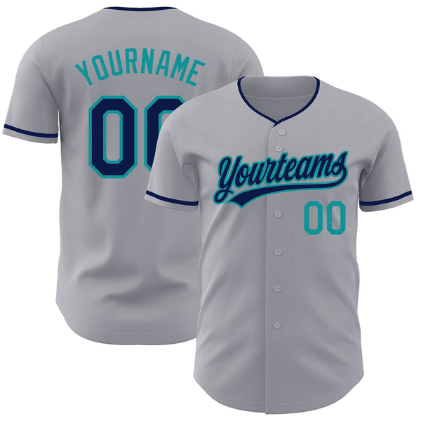 Custom Gray Navy-Teal Authentic Baseball Jersey