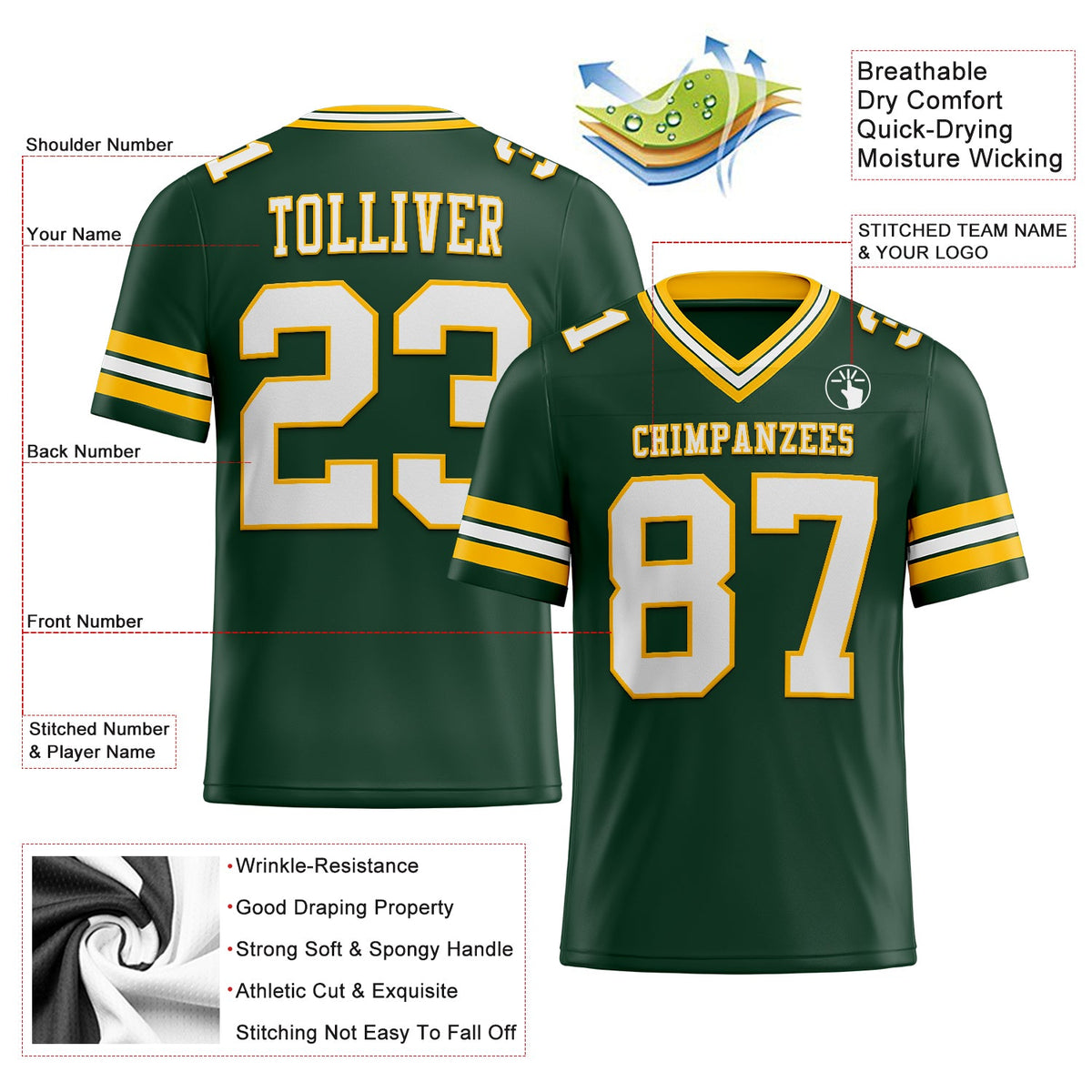 Custom Green White-Gold Authentic Football Jersey - Front