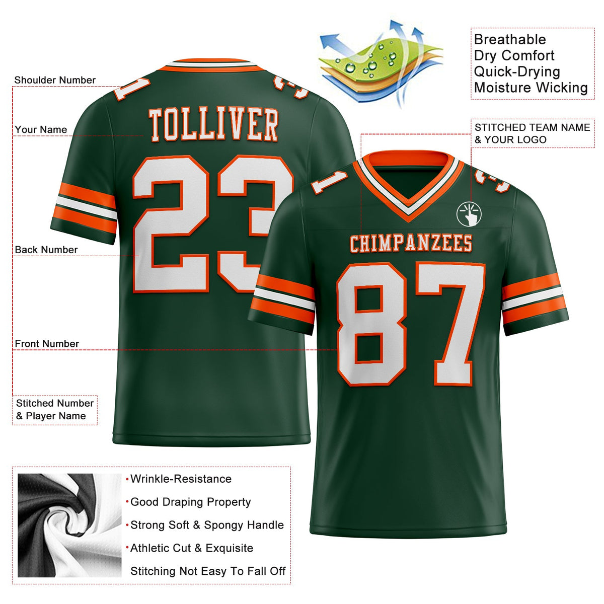 Custom Green White-Orange Authentic Football Jersey - Back