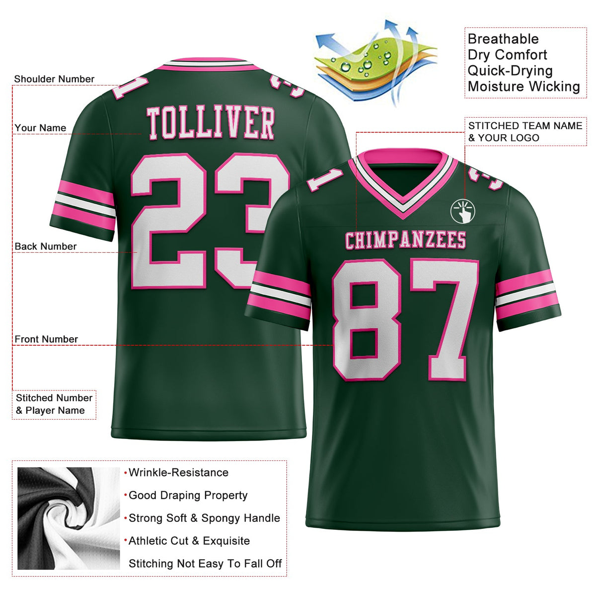 Custom Green White-Pink Authentic Football Jersey - Back