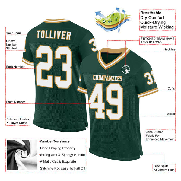 Custom Green White-Old Gold Mesh Authentic Throwback Football Jersey alternate