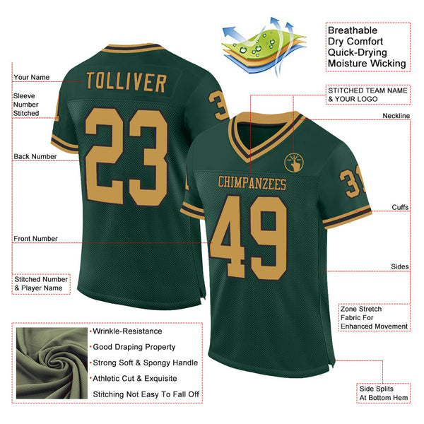 Custom Green Old Gold-Black Mesh Authentic Throwback Football Jersey alternate