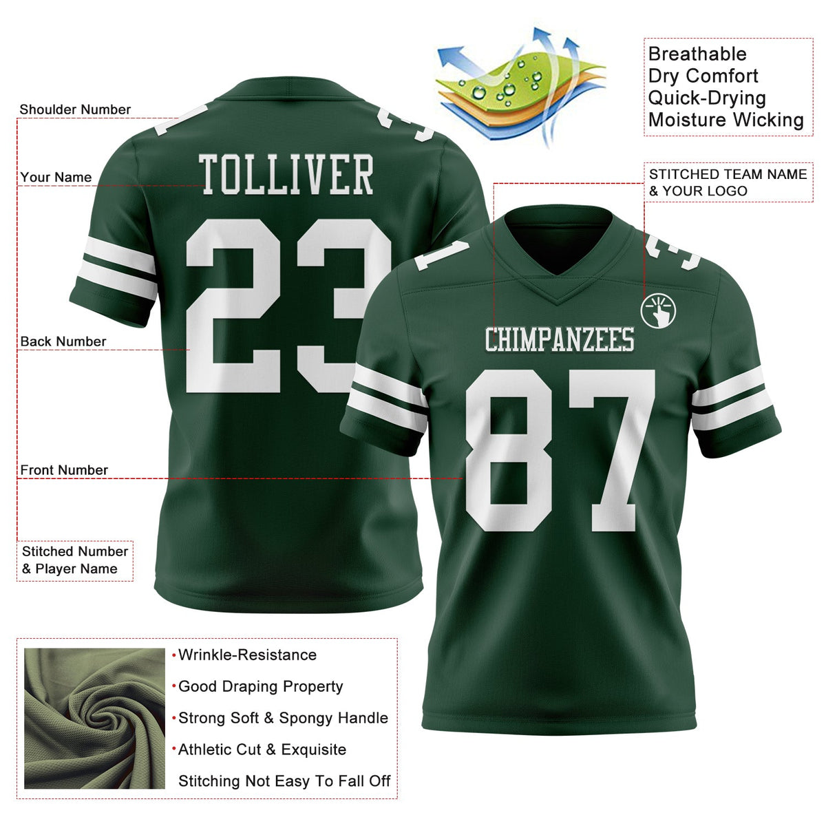 Custom Green White Authentic Football Jersey - Front