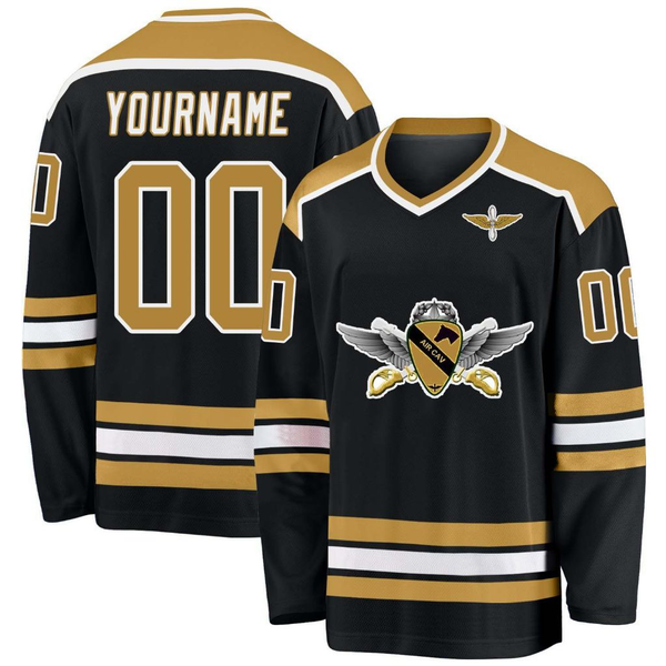 Custom Black Old Gold-White Air Cav Hockey Jersey