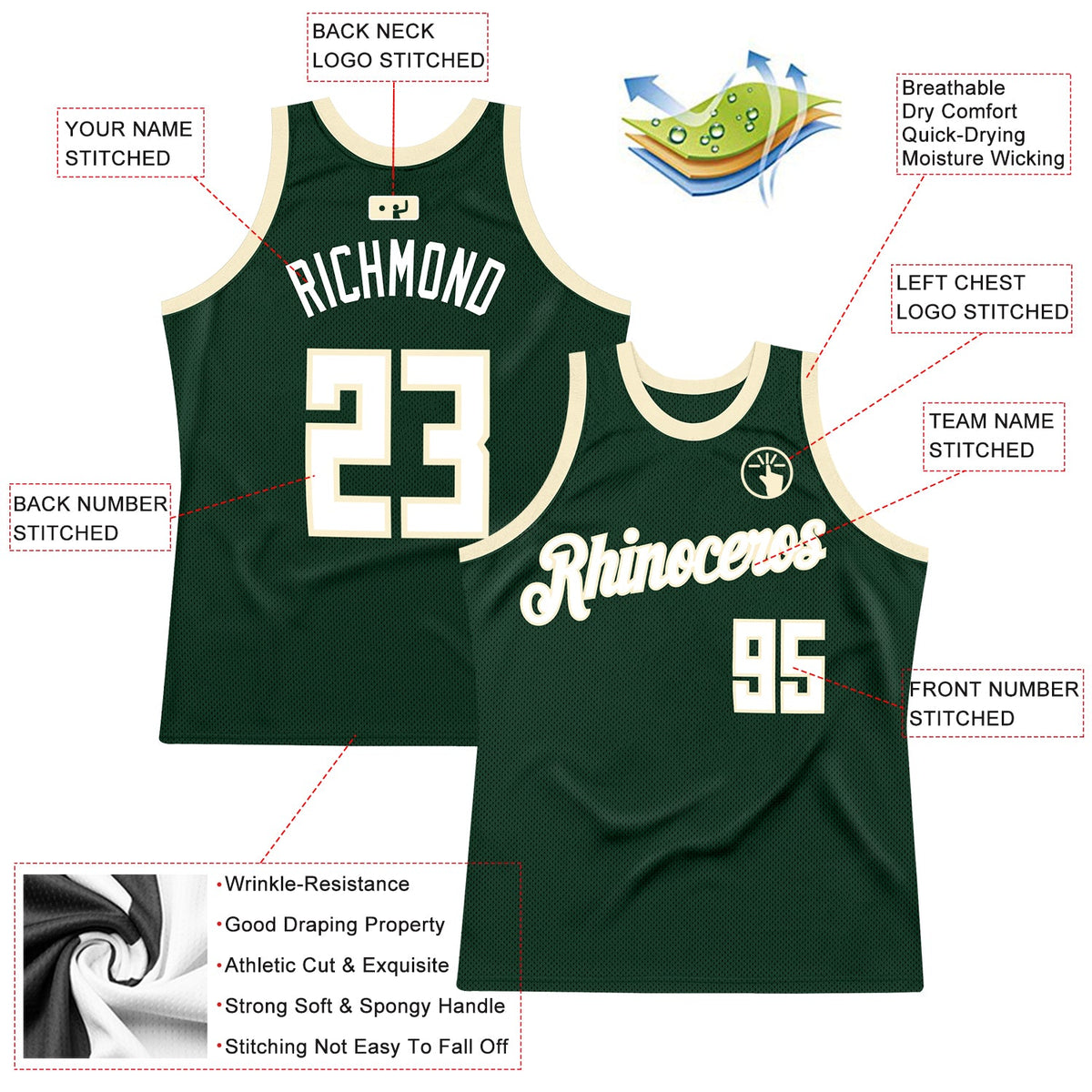 Custom Hunter Green White-Cream Authentic Throwback Basketball Jersey - Front