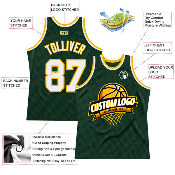 Custom Hunter Green White-Gold Authentic Throwback Basketball Jersey alternate