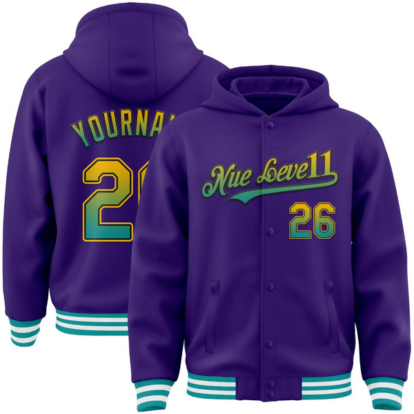Custom Purple Teal-Gold Bomber Full-Snap Varsity Letterman NUE LEVE11 Hoodie Jacket