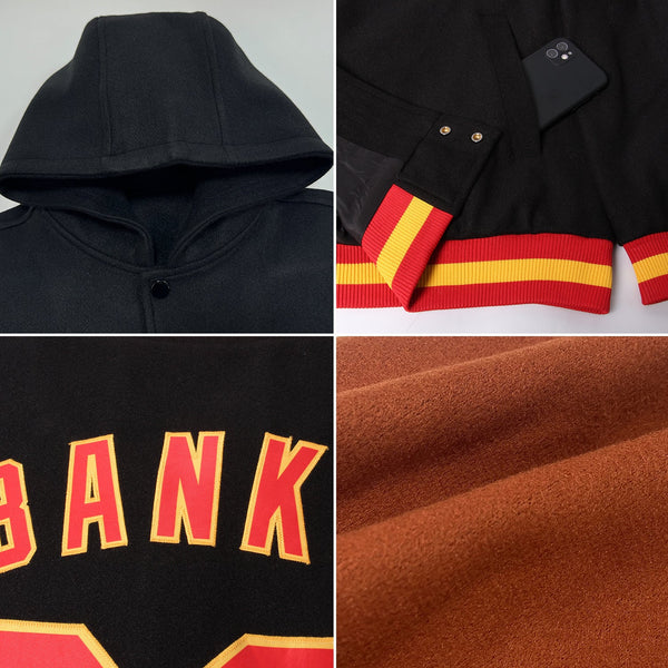 Custom Texas Orange Black-Cream Bomber Full-Snap Varsity Letterman Hoodie Jacket alternate