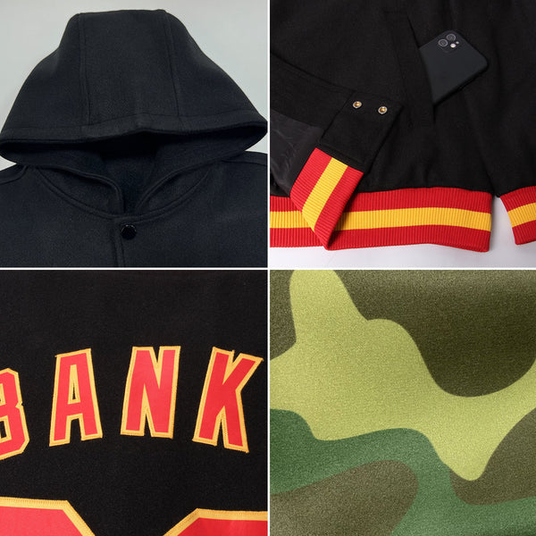 Custom Camo Black-Neon Green Bomber Full-Snap Varsity Letterman Salute To Service Hoodie Jacket alternate