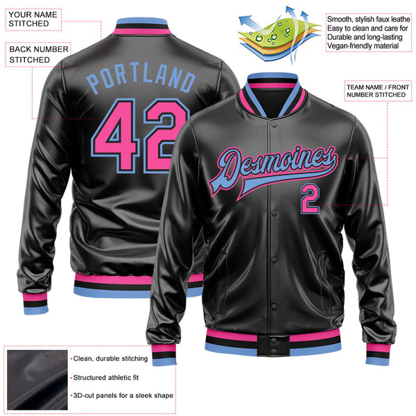 Custom Black Pink-Light Blue Bomber Full-Snap Varsity Faux Leather Letterman Jacket alternate