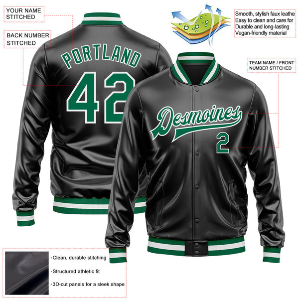 Custom Black Kelly Green-White Bomber Full-Snap Varsity Faux Leather Letterman Jacket alternate