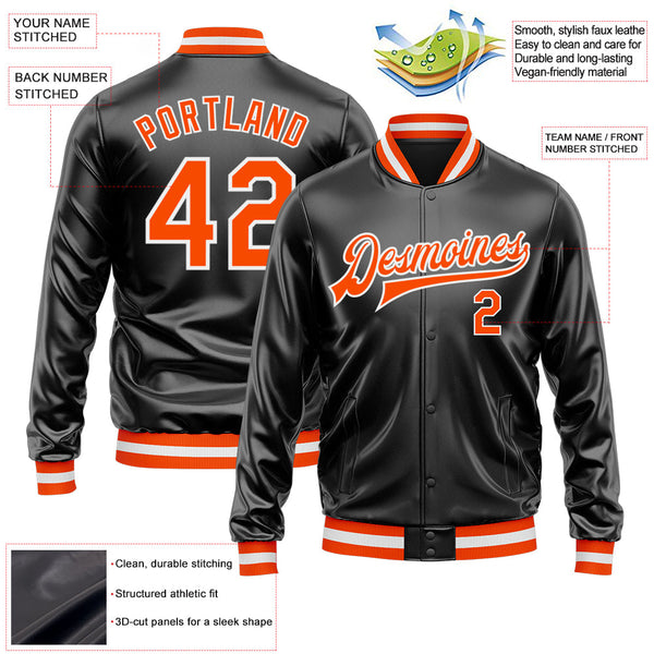 Custom Black Orange-White Bomber Full-Snap Varsity Faux Leather Letterman Jacket alternate