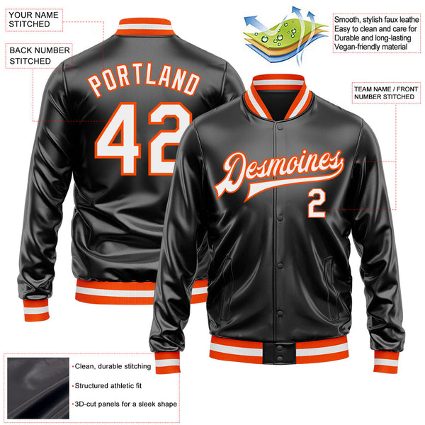 Custom Black White-Orange Bomber Full-Snap Varsity Faux Leather Letterman Jacket alternate