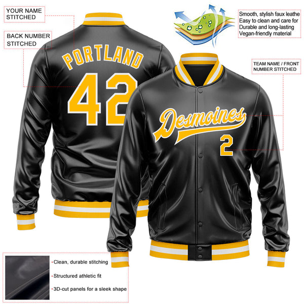 Custom Black Gold-White Bomber Full-Snap Varsity Faux Leather Letterman Jacket alternate