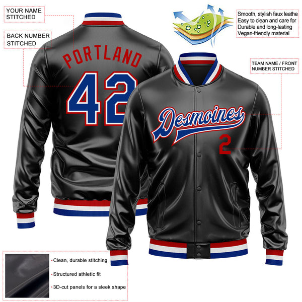 Custom Black Royal-Red Bomber Full-Snap Varsity Faux Leather Letterman Jacket alternate