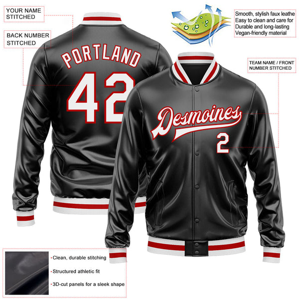 Custom Black White-Red Bomber Full-Snap Varsity Faux Leather Letterman Jacket alternate