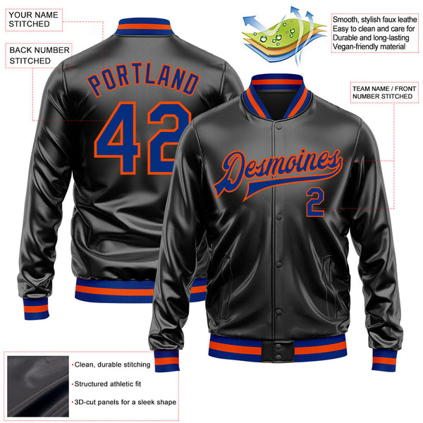 Custom Black Royal-Orange Bomber Full-Snap Varsity Faux Leather Letterman Jacket alternate