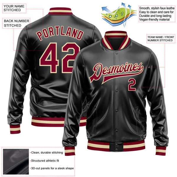Custom Black Maroon-Cream Bomber Full-Snap Varsity Faux Leather Letterman Jacket alternate