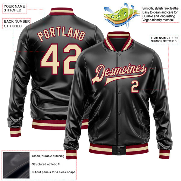 Custom Black Cream-Maroon Bomber Full-Snap Varsity Faux Leather Letterman Jacket alternate