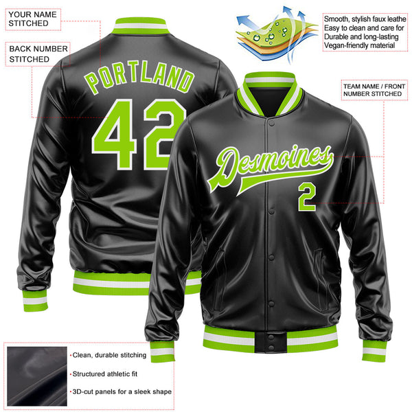 Custom Black Neon Green-White Bomber Full-Snap Varsity Faux Leather Letterman Jacket alternate