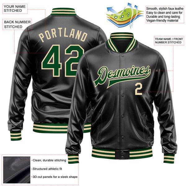 Custom Black Green-Cream Bomber Full-Snap Varsity Faux Leather Letterman Jacket alternate