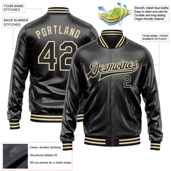 Custom Black Black-Cream Bomber Full-Snap Varsity Faux Leather Letterman Jacket alternate