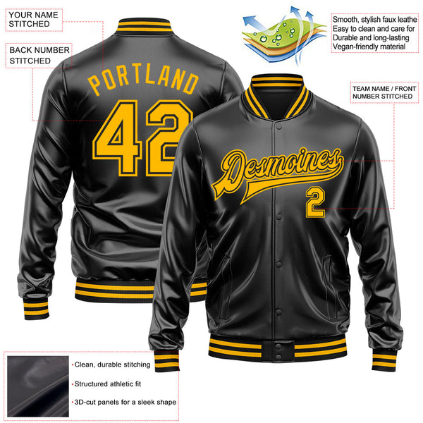 Custom Black Gold-Black Bomber Full-Snap Varsity Faux Leather Letterman Jacket alternate