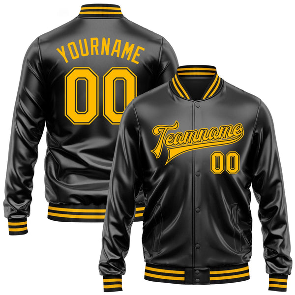 Custom Black Gold-Black Bomber Full-Snap Varsity Faux Leather Letterman Jacket