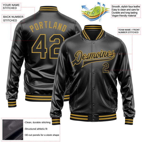 Custom Black Black-Old Gold Bomber Full-Snap Varsity Faux Leather Letterman Jacket alternate