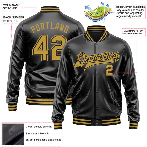 Custom Black Old Gold-Black Bomber Full-Snap Varsity Faux Leather Letterman Jacket alternate