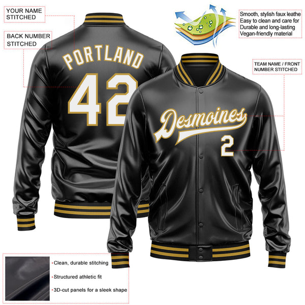 Custom Black White-Old Gold Bomber Full-Snap Varsity Faux Leather Letterman Jacket alternate