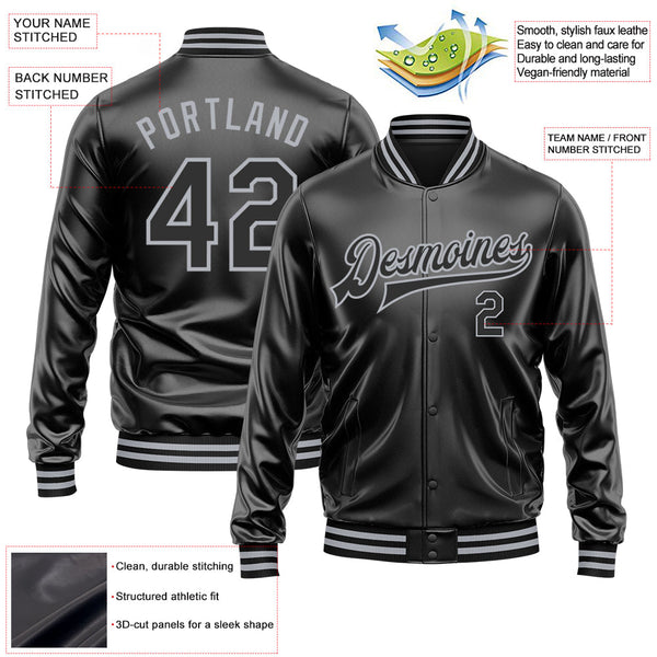 Custom Black Black-Gray Bomber Full-Snap Varsity Faux Leather Letterman Jacket alternate