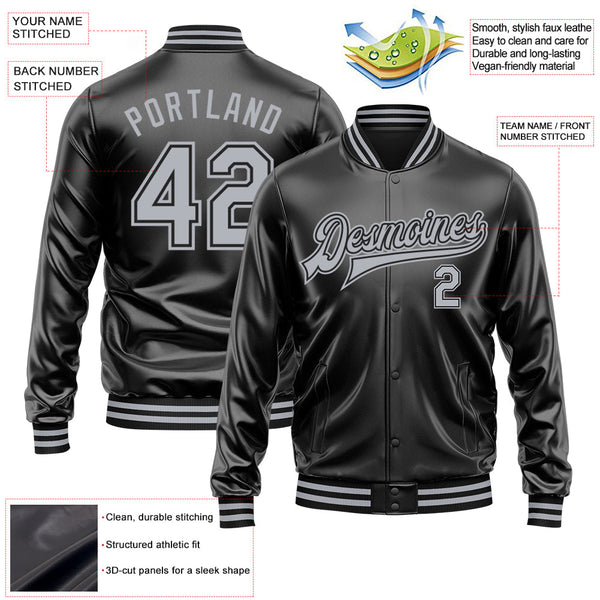 Custom Black Gray-Black Bomber Full-Snap Varsity Faux Leather Letterman Jacket alternate
