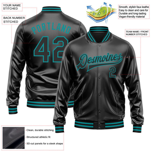 Custom Black Black-Teal Bomber Full-Snap Varsity Faux Leather Letterman Jacket alternate