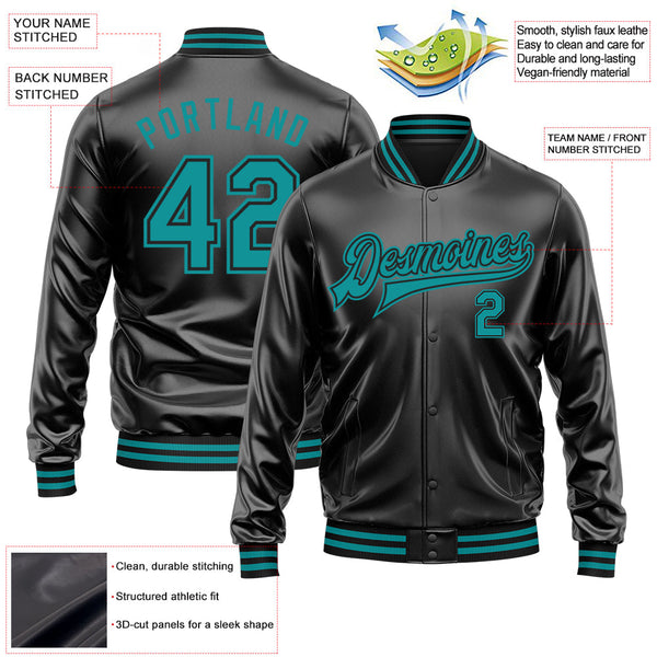 Custom Black Teal-Black Bomber Full-Snap Varsity Faux Leather Letterman Jacket alternate