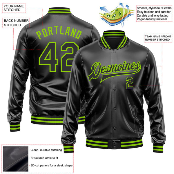 Custom Black Black-Neon Green Bomber Full-Snap Varsity Faux Leather Letterman Jacket alternate