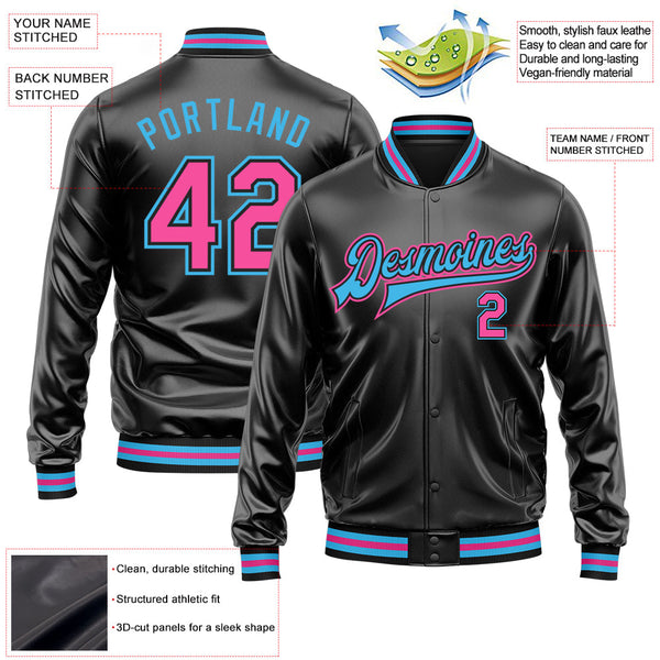 Custom Black Pink-Sky Blue Bomber Full-Snap Varsity Faux Leather Letterman Jacket alternate
