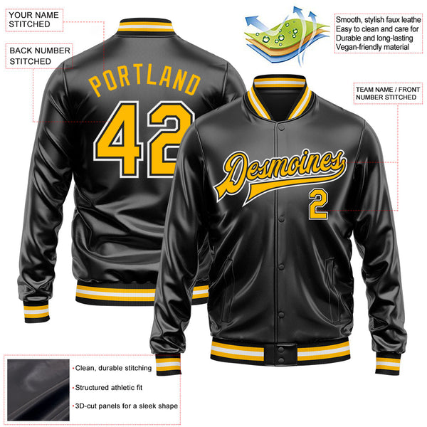 Custom Black Gold-White Bomber Full-Snap Varsity Faux Leather Letterman Jacket alternate