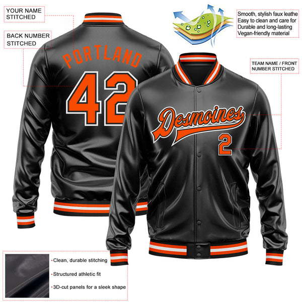 Custom Black Orange-White Bomber Full-Snap Varsity Faux Leather Letterman Jacket alternate