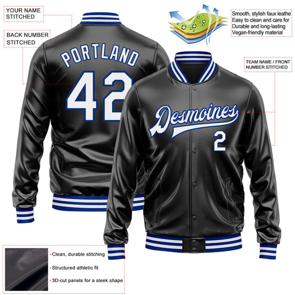 Custom Black White-Royal Bomber Full-Snap Varsity Faux Leather Letterman Jacket alternate