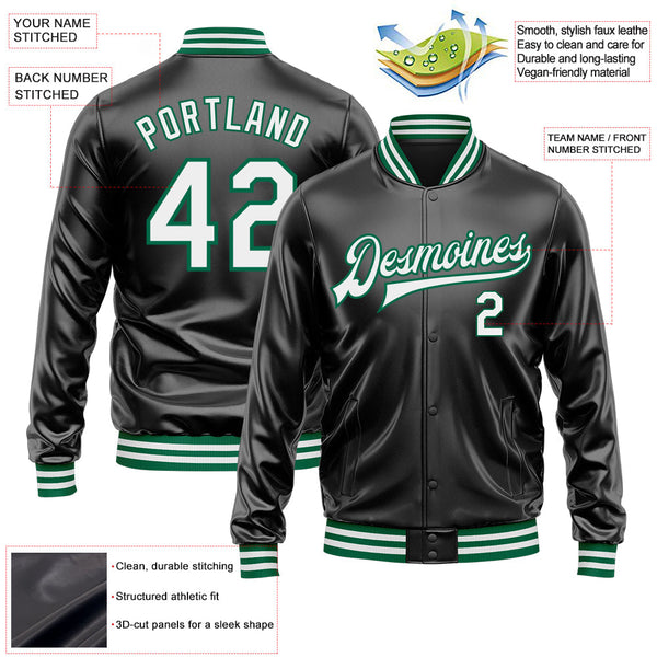 Custom Black White-Kelly Green Bomber Full-Snap Varsity Faux Leather Letterman Jacket alternate