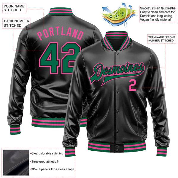 Custom Black Kelly Green-Pink Bomber Full-Snap Varsity Faux Leather Letterman Jacket alternate
