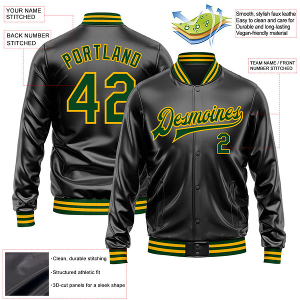 Custom Black Green-Gold Bomber Full-Snap Varsity Faux Leather Letterman Jacket alternate