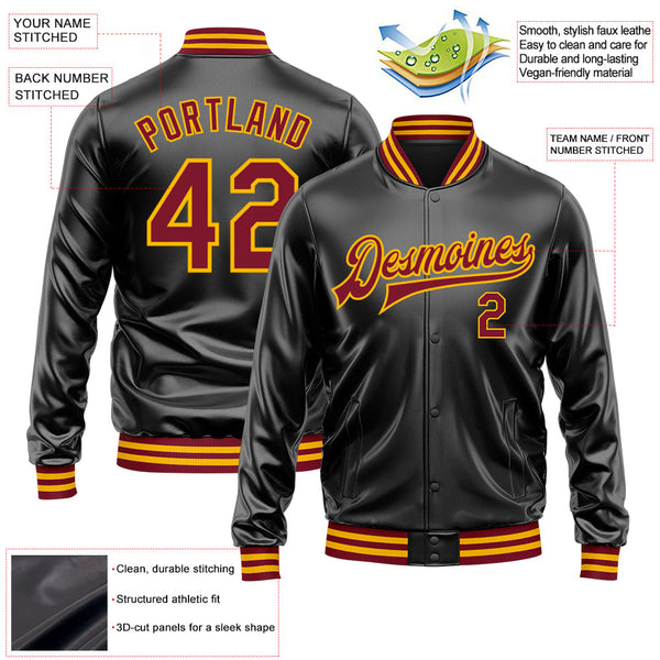 Custom Black Crimson-Gold Bomber Full-Snap Varsity Faux Leather Letterman Jacket alternate
